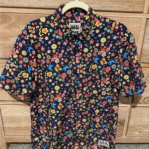RSVLTS Navy Short-Sleeve Button-Down with Multicolor Floral & Bird Print